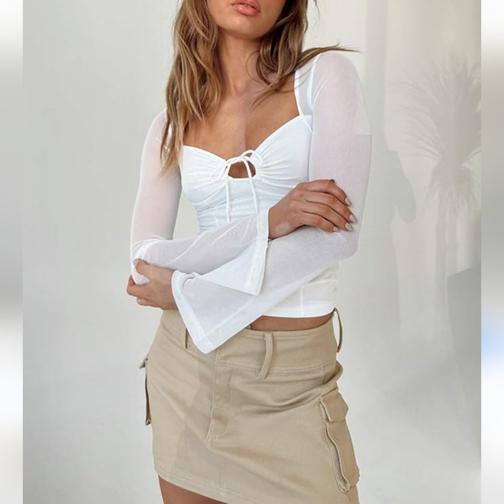 Flounce Sleeve  Tie Front Mesh top NWT